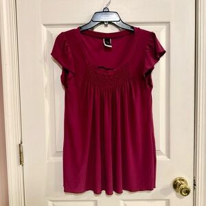 Wrapper Burgundy Smocked Blouse with Flutter Sleeves Size XL